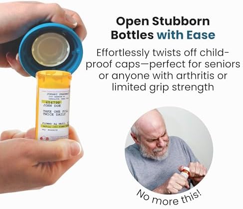 Jokari Easy Open Medicine Bottle Opener with 4x Magnifier for Seniors and Arthritis Built-in Cap Grip Tool for Pill Bottles Prescription Labels Vitamins and Supplements