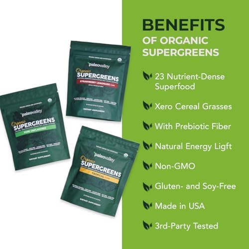 Paleovalley Organic Supergreens Powder - 23 Superfoods with Prebiotic Fiber for Energy and Immunity Support - No Cereal Grasses for Maximum Absorption - Pure Unflavored, 30 Servings