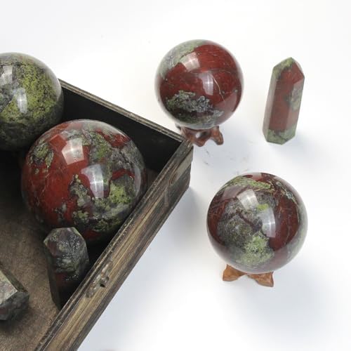 65mm Natural Dragon Blood Stone Sphere with Wood Stand Healing Crystal Ball Mineral Gemstone Divination Energy Chakra Sculpture Figurine for Fengshui
