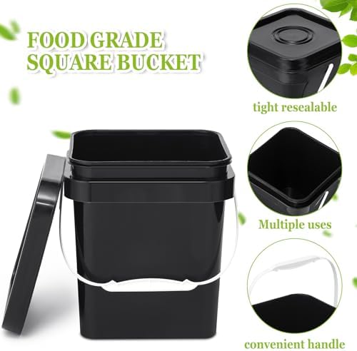 Suzile 10 Pcs Food Grade Square Bucket with Lid 1 Gallon Plastic Bucket 4.5L Utility Industrial Pail with Handle Container for Food Oil Tub Water Fishing Paint House Cleaning Car Washing (Black)