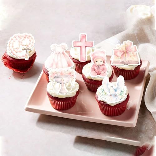 Rsstarxi 60 Pack Edible Baptism Cupcake Toppers Edible Girls God Bless Cake Decorations Christian Cupcake Picks for Religious Baby Shower Girls First Holy Communion Party Cake Decorations Pink