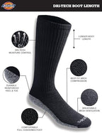 Dickies Men's Dri-Tech Moisture Control Boot-Length Socks, Available in L-XL (6, 12 Pairs)