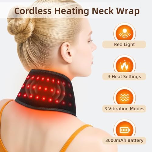 Cordless Neck Heating Pad for Pain, Neck Massager with 660nm 850nm Red Light, Heated Neck Wrap with 3000mAh Rechargeable, 3 Levels Heat & Massage, Black