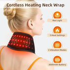 Cordless Neck Heating Pad for Pain, Neck Massager with 660nm 850nm Red Light, Heated Neck Wrap with 3000mAh Rechargeable, 3 Levels Heat & Massage, Black