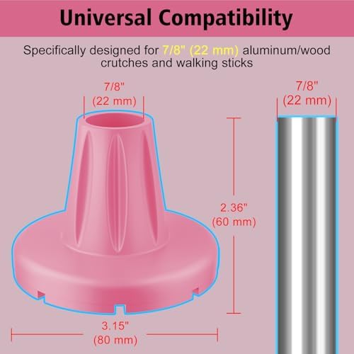 supregear Crutch Tips 7/8 in (22 cm), Anti-Slip Rubber Tips All Terrain, Heavy Duty Extreme Grip Replacement Feet Caps for Walking Stick, Wide Crutch Accessories Base with Metal Insert, 2-Pack, Pink