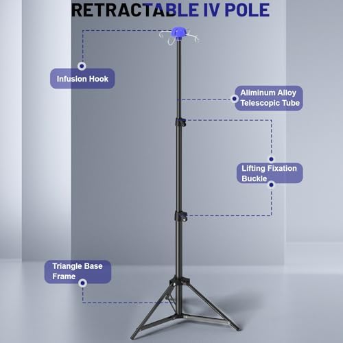 Portable Iv Pole, Foldable IV Pole Stand 27 to 83" Adjustable Height Pole with 4 Hook & Drip Bag Stand, Collapsible Iv Pole for Travel