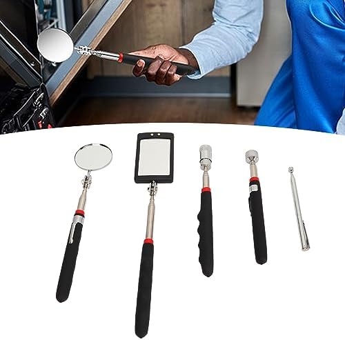 Acouto Telescopic Magnetic Grabber Tool Set with LED & Round Inspection Mirrors, 15lb 8lb .5lb Rods for Vehicle Repair & Maintenance
