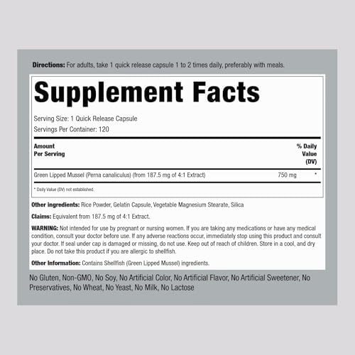 Piping Rock Green Lipped Mussel | 120 Capsules | Supplement for Humans | Freeze Dried from New Zealand | Non-GMO, Gluten Free