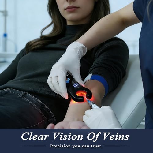 Vein Finder for IV Access Phlebotomy – Portable Red LED Hand Held Vein Finder for Nurses, Adjustable Brightness, Rechargeable Battery w/Display – Vien Viewer Light Device for Finding Veins – (Black)