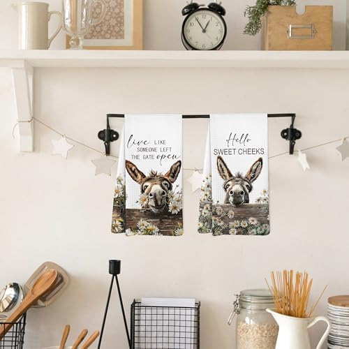 Funny Farmhouse Donkey Kitchen Dish Towels, Farmers Gifts for Men Women Farm House, Live Like Someone Left The Gate Open Donkey Gifts Hand Towels for Bathroom Kitchen Decor, 16x24 Inches