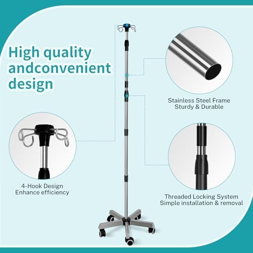 Adjustable Mobile IV Pole Stand, 64.6'' to 81.8'' Infusion Floor Stand Telescopic, Rolling Base with Brakes & 4 Swivel Hooks, Stainless Steel Construction Portable Feeding Pump Stand for Home Care