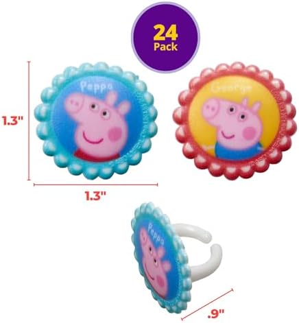 DecoPac Peppa Pig Siblings Rings, Cupcake Decorations Featuring Peppa and George, Blue and Yellow 3D Food Safe Cake Toppers – 24 Pack