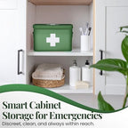 Flexzion First Aid Box Organizer Empty 13" Green Vintage First Aid Kit Tin Metal Medical Box - First Aid Storage Box Container Bins with Dividers, Removable Tray and White Cross Logo