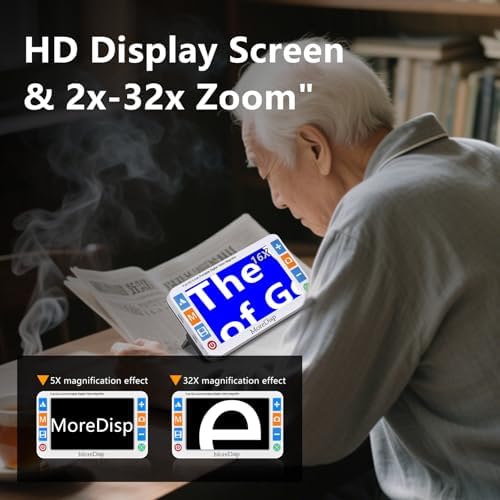 Portable Digital Video Magnifier for Visually Impaired – 5.0 Inch LCD Screen, 2X-32X Zoom, 26 Color Modes, Foldable Handle for Macular Degeneration & Low Vision Aid