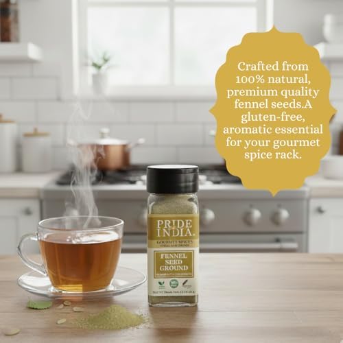 Pride of India – Fennel Seed Ground – Natural & Gourmet Spice – Perfect Addition to Tea/Drinks/Roast/Rubs/Bakes/ - Cooling Properties – Easy to Use – 1.8 oz. Small Dual Sifter Jar