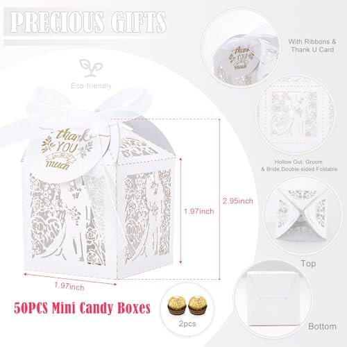 AdasBridal 50pcs Wedding Favor Boxes White Treat Boxes Candy Box Laser Cut The Groom and The Bride with Thank You Card Wedding Bridal Shower Anniversary Party Gift for Guest 1.97in