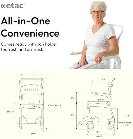 Etac Clean Shower Commode Chair for Elderly & Disabled – Shower Chair with Wheels, Ergonomic, Removable Armrests, Footrest & Pan Holder – Slim, Easy-to-Clean Design Fits Doorways