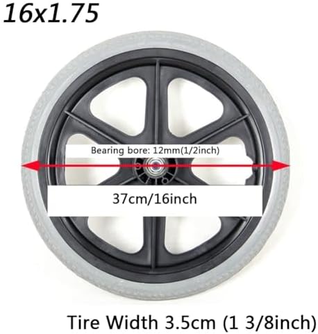 16 Inch Manual Wheelchair Replacement Rear Wheel, 16x1.75 Wheelchair Wheel Accessories, Non-Pneumatic Solid Tires, Bearing 12 mm(1/2 inch), 1 Pair