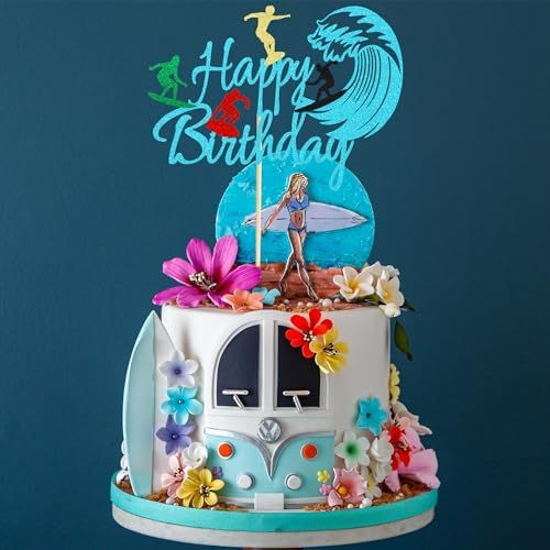 Arthsdite 1 Pc Surfing Happy Birthday Cake Topper, Surfboard Birthday Cake Topper for Summer Hawaii Beach Surfing Sports Surfer Themed Party Decorations - Blue Glitter