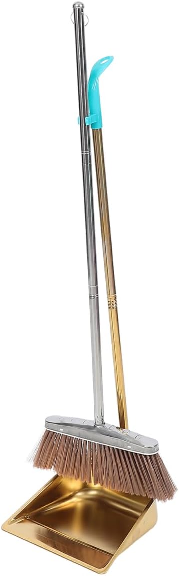ABOOFAN Stainless Steel Broom and Standing Dustpan Set – Long Handle Sweep Tool with Golden Finish, Leak-Resistant Floor Cleaning for Kitchen, Office, Classroom, Home Use