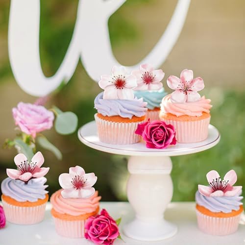 40Pcs Edible Cherry Blossom Cupcake Toppers Spring Flower Blossoms Cupcake Picks for Cherry Baby Shower Bridal Shower Engagement Floral Wedding Girls Birthday Cupcake Decorations