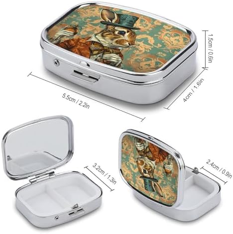 Metal 2 Compartment Pill Organizer Travel Friendly Portable Compact Pill Box,Cute Pill Case to Hold Vitamins,Fish Oil,Supplements,Meds,Tablet for Purse,Pocket (The Gentleman's Rabbit)