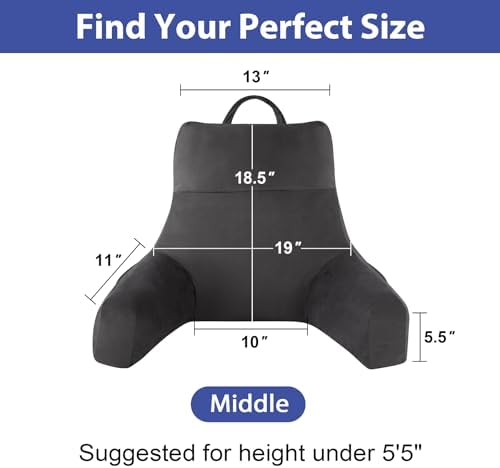 Back Pillow for Bed Sitting up, Reading Pillow for Sitting in Bed Adult, Back Support Pillow, Memory Foam Sit up Lounge Backrest Pillow with Arms for TV, Couch, Chair, Dorm, 18 Inch, Grey