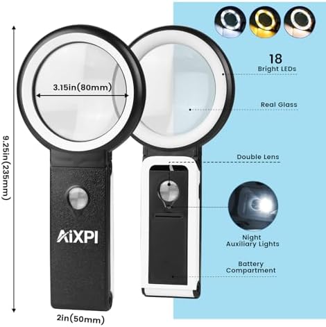 Magnifying Glass with Light and Stand, 10x Large Lighted Magnifying Glass 18 LED Illuminated Handheld Magnifier for Reading Close Work Coins Jewelry Macular Degeneration Black