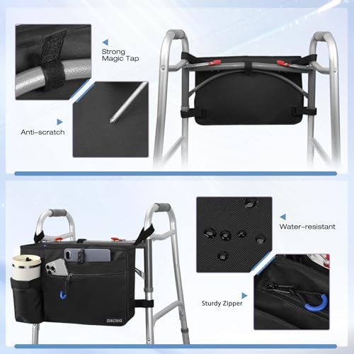 Walker Bag with Cup Holder, Walker Accessories for Seniors Detachable, Foldable Walker Basket with Big Capacity, Best Gift- Black (Not Fit Rollator Walkers)