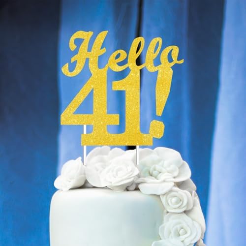 Hello 41 Cake Toppers Gold Glitter, Happy 41st Birthday Cake Decorations Cheers to 41 Years Party Decor, Forty-one Year Old Theme Birthday Anniversary Party Supplies