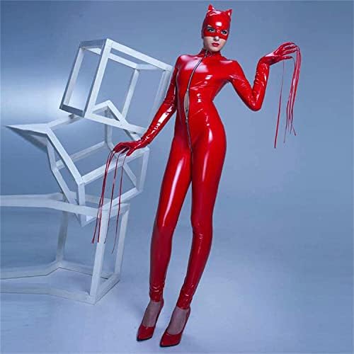 Women's Bodysuit Shiny Patent Leather PVC Catsuit Full Body Sexy Latex Tight Zipper Jumpsuit Mask Rubber Clothing