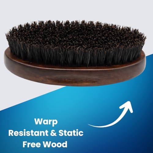 Beard Brush for Men, Natural Boar Bristles, Black Oval Wave Brush, Warp Resistant Wood Handle, for Fuller Thicker Hair, Beard & Mustache Growth, Exfoliation (Brown)