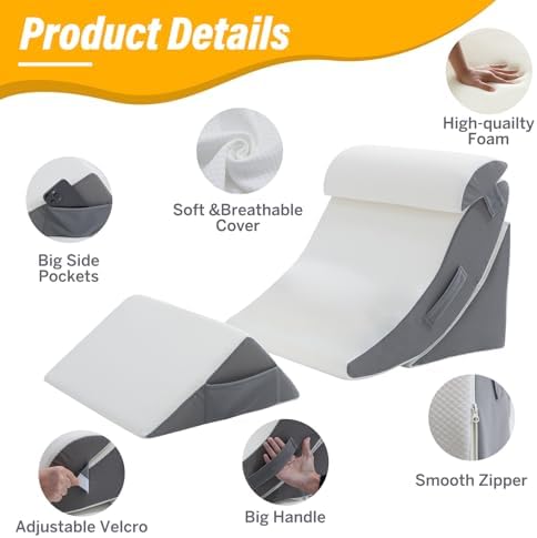 Wedge Pillow Set for After Surgery – 4PCS Orthopedic Bed Wedge Pillows for Sleeping – Adjustable Memory Foam Triangle Support for Back Pain Relief, Acid Reflux & Recovery (Grey)
