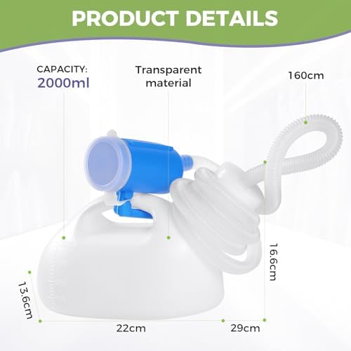 2000ML Portable Urinals for Men, Mens Urinal Bottle Spill Proof for Seniors, Male 63" Large Thick Pee Bottles with Long Tube and Lid for Hospital Car Home Toilet Travel Camping (White)