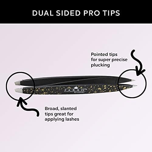 F.A.R.A.H. Z-Tweeze Professional Stainless Steel Dual Ended Precision Tweezers Galaxy Gold Style with Slanted and Pointed Tips