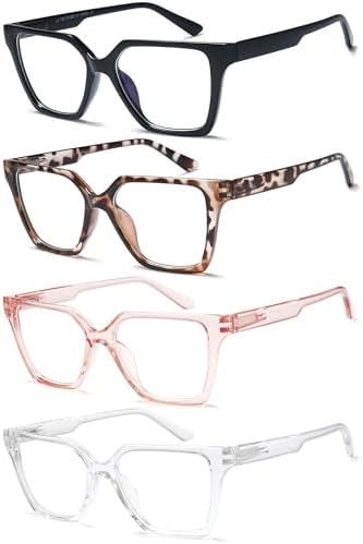 EYEURL 4 Pack Fashion Oversized Reading Glasses for Women Men Blue Light Blocking Computer Square Readers with Spring Hinge Designer Ladies Large Frame Square Anti UV Ray Eyeglasses 0.5