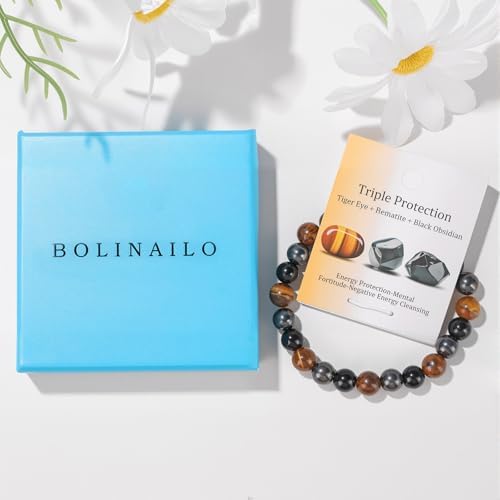 Healing Crystal Triple Protection Bracelet 8mm Crystal Beaded Bracelet for Women Men Natural Stones of Tiger Eye, Hematite, Black Obsidian Handmade Gemstone Reiki Spiritual Jewelry Gifts