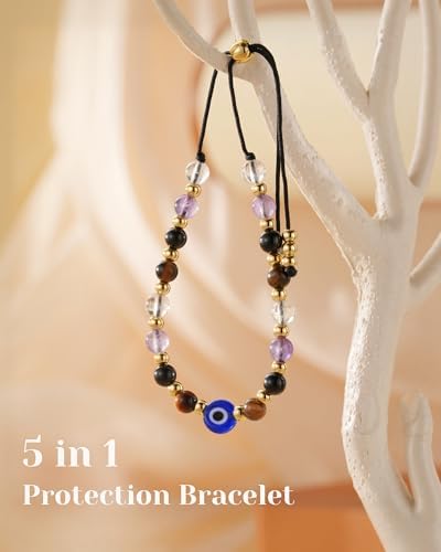 Evil Eye Dainty Bracelet - Natural Crystal Protection Bracelet - 5 Healing Stones Clear Quartz Amethyst Black Tourmaline Tiger Eye Adjustable Spiritual Guardian Jewelry Gift with Meaning Card