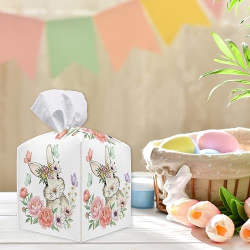 Easter Tissue Box Cover - Flower Rabbit Leather Tissue Holder Square Tissue Cube Box - Easter Decor for Night Stands, Vanity Countertop, Car, Office, Home Desk Tabletop Supplies & Decorations - A04