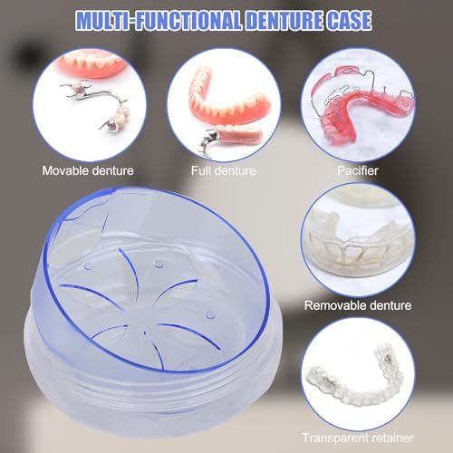 Denture Box Leak-Proof Dental Retainer Case, Portable Denture Bath with Mirror, Removal Tool and Extra Storage Layer, Denture Case Perfect for Traveling and Daily Use (Purple)
