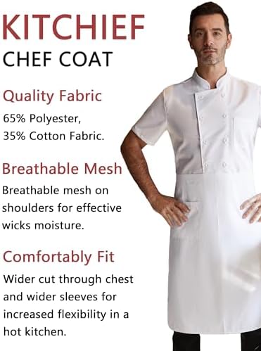 KITCHIEF Black Chef Coat With Mesh Lightweight Chef Jacket Men Short Sleeve Chef Uniform for Kitchen,Restaurant,Bakery