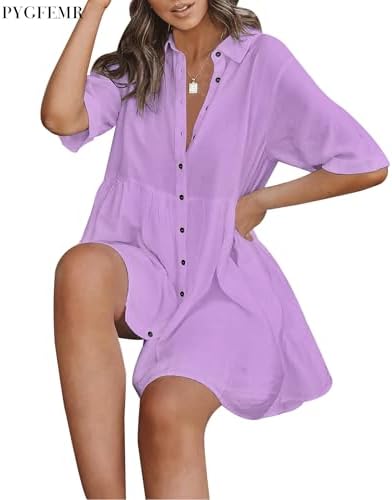 PYGFEMR Women's Short Sleeve Babydoll Dress Button Down Dresses with Pockets
