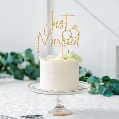 Just Married Cake Topper, Wedding/Marriage/Engagement Party Decoration Supplies, Just Engaged, Bride & Groom, Bridal Shower Cake Topper Gold Glitter