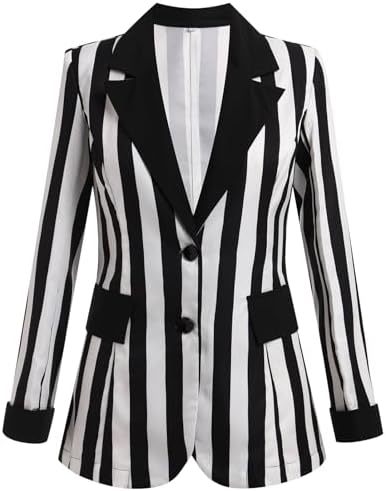 OBEEII Womens Black and White Striped Blazer Long Sleeve Single-Breasted Button Vertical Striped Blazer Office Work Jacket