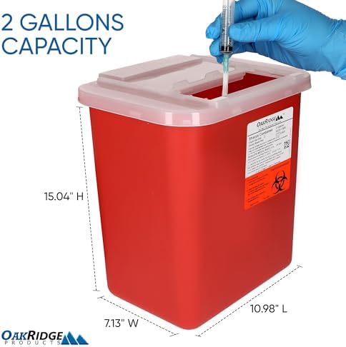 Oakridge Products Large Sharps Container for Home Use and Professional 2 Gallon (3-Pack) with Sliding Top, Biohazard Needle and Syringe Disposal, CDC Certified