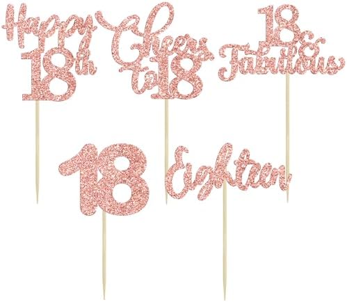 30 Pack Happy 18th Birthday Cupcake Toppers Rose Gold Glitter Eighteen Cheers to 18 Years Old Birthday Cupcake Picks for Happy 18th Anniversary Party Cake Decorations