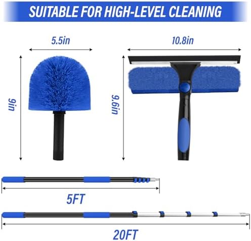 26FT High Window Washing Kit with Extension Pole, 2 in 1 Window Cleaning Squeegee Kit, Cobweb Duster with 5-20FT Telescoping Pole, High Reach Duster Kit for Outdoor, Indoor and Solar Panel Cleaning