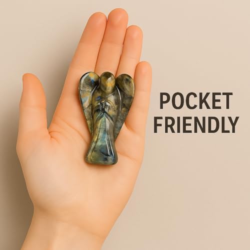 ANAYA AGATE Labradorite Angel Statue 2" Certified Gemstone Guardian Angel Natural Crystal Hand-Carved Angel Charms for Protection, Intuition, Spiritual Connection & Positive Energy Crystal Figurines