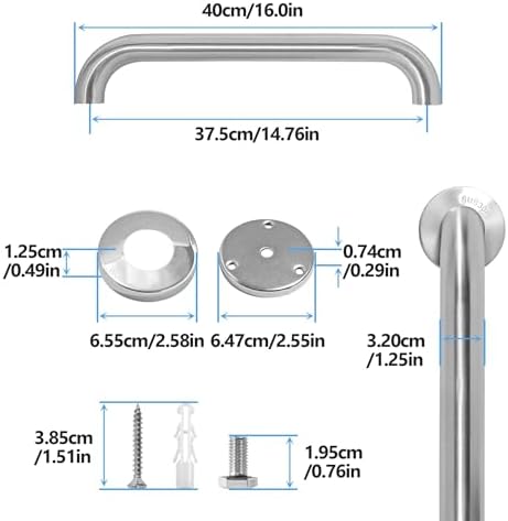 Shower Grab Bar, 2 Pack 16 Inch Brushed Nickel Bathroom Safety Bar, 1.25" Diameter 304 Stainless Steel Grab Bars for Bathtubs and Showers, Handicap Shower Grab Bar for Seniors Elderly