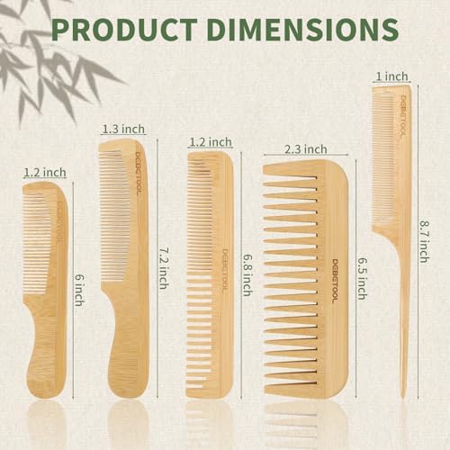 DEBETOOL 5 Pieces Bamboo Comb Set - Natural Wooden Combs for Women Hair Growth, Anti-Static Wood Comb for Curly/Thick Hair Daily Use